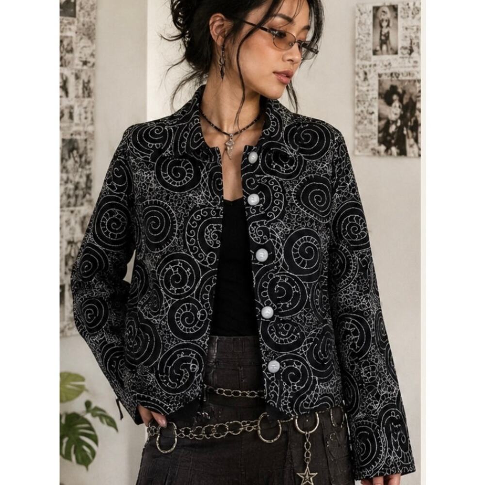 Vintage Parsley & Sage Black White Embroidered Swirl Jacket artsy maximalist M